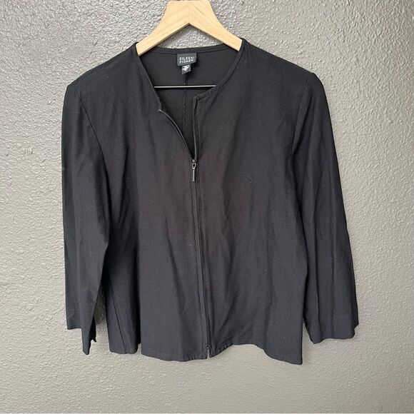 Eileen Fisher 2-Way Zip Crepe 3/4 Sleeve Jacket Minimalist Closet Staple Medium - Picture 1 of 11